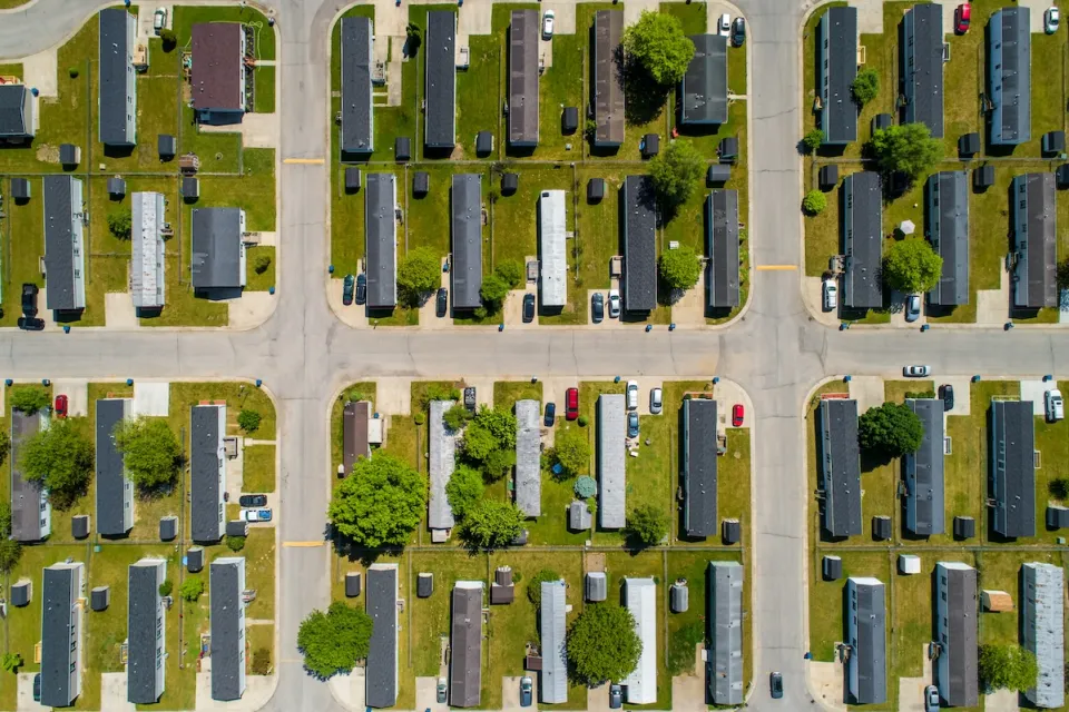 Bird's eye view of manufactured home park.